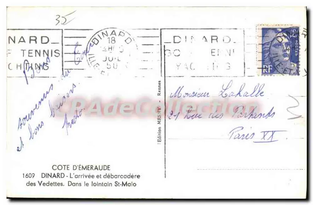 Dinard - Chegada e desembarque das Vedettes — Costa da Émeraude — Edição MIES-NY, Rennes - Verso