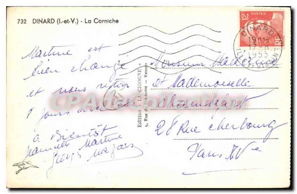 Dinard (Ille-et-Vilaine) - A Corniche — Edição La Cigogne, Remme, n°732 - Verso