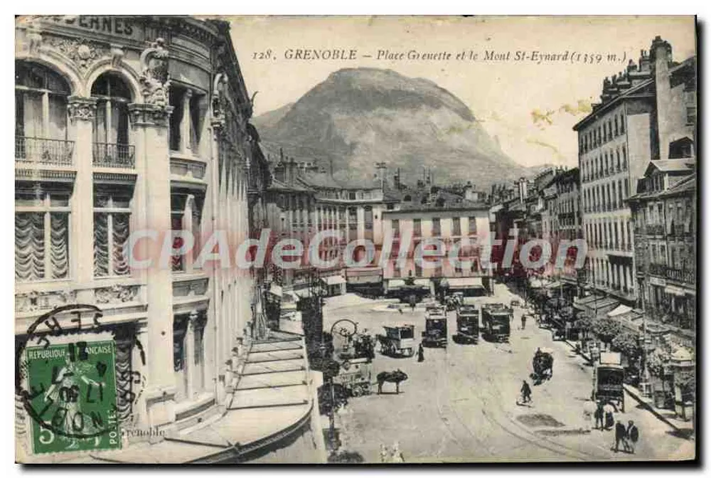 Grenoble — Place Grenette e o Mont St-Eynard (1359 m.) — Bilhete postal antigo de Coleção - Frente