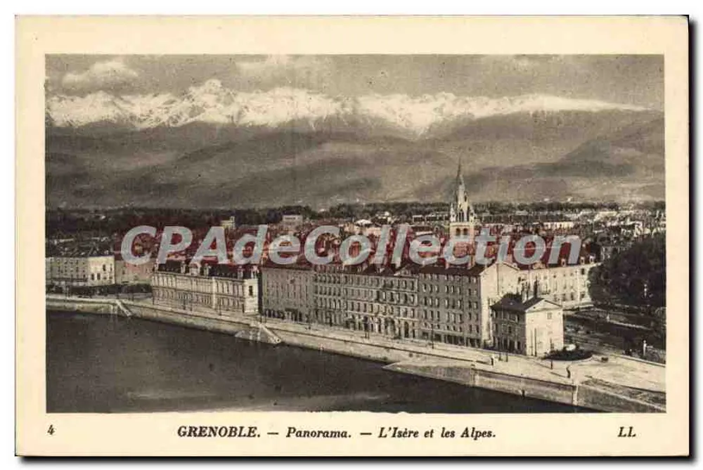 Grenoble — Panorama — A Isère e as Alpes — LL. — Bilhete postal antigo de Coleção - Frente