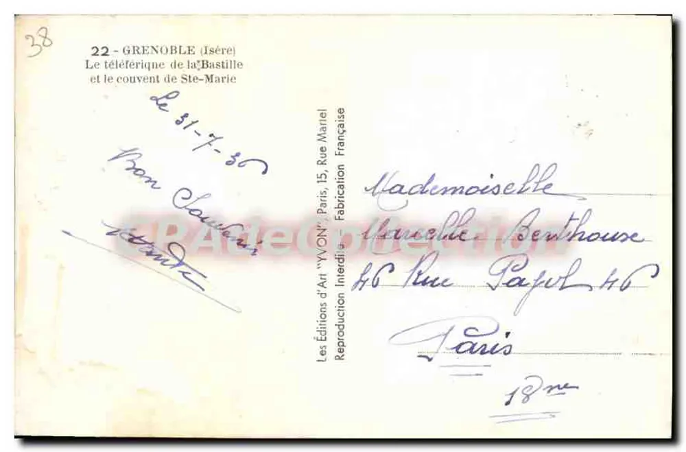 Grenoble (Isère) — Der Seilbahn der Bastille und das Kloster Ste-Marie — Les Éditions d'Art 'YVON' - Rückseite