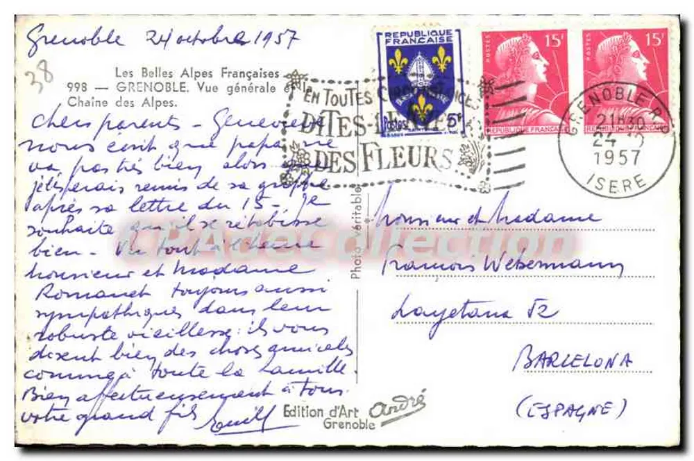 Grenoble — Allgemeiner Blick — Kette der Alpen — Kunstausgabe Grenoble - Rückseite