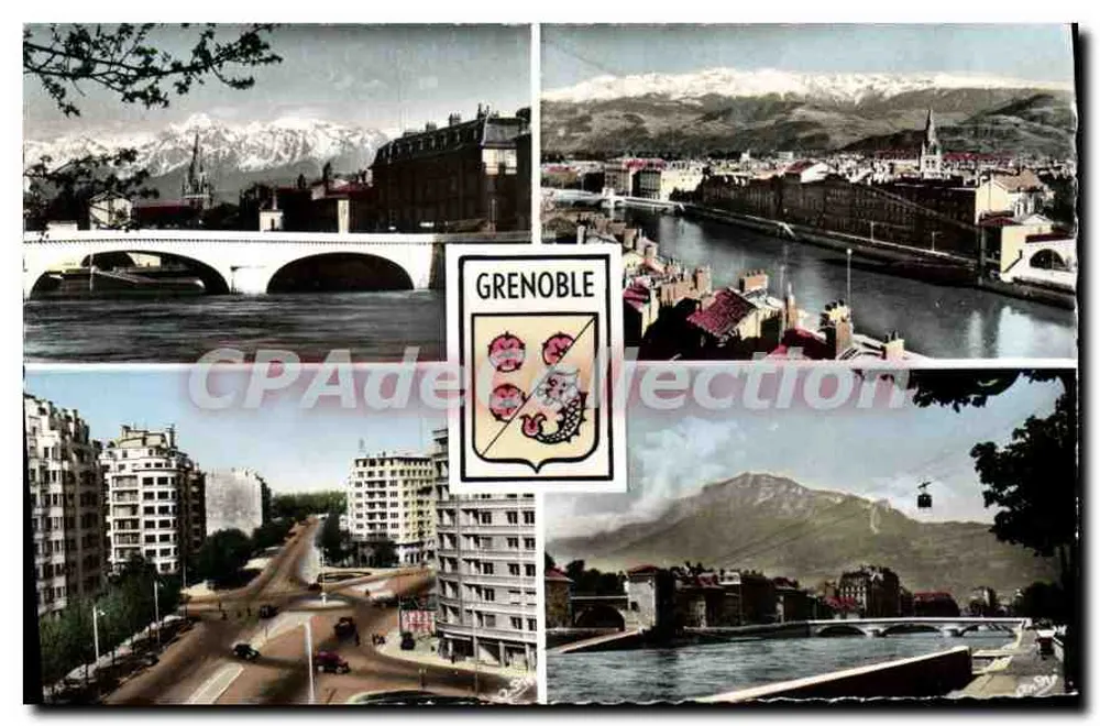 Grenoble — Allgemeiner Blick mit Brücke Marius Gontard, Kette von Bulledonne, Seilbahn und Boulevards — Édition d'Art André - Vorderseite