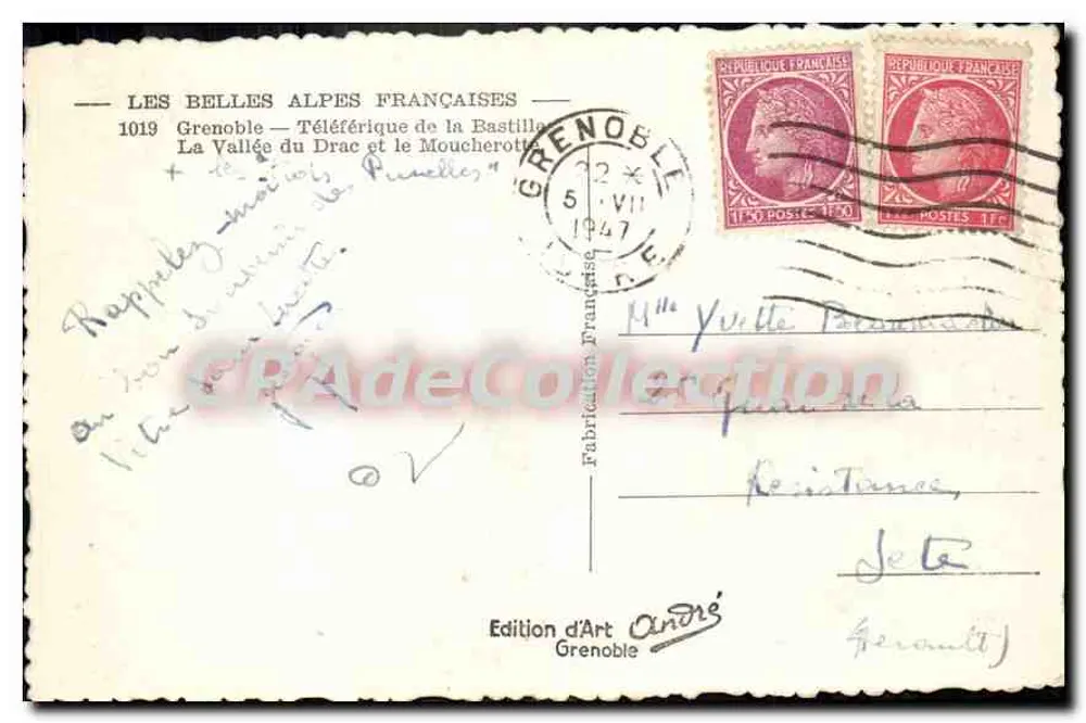 Grenoble — A Vale do Drac e o Moucherotte — Edição de Arte André, n°1019 - Verso