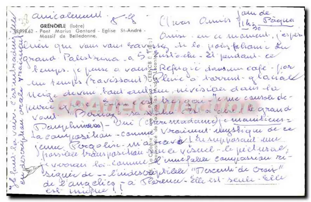 Grenoble — vista del puente y de la iglesia de San Andrés con el macizo de Belledonne en el fondo — editor no identificado - Reverso