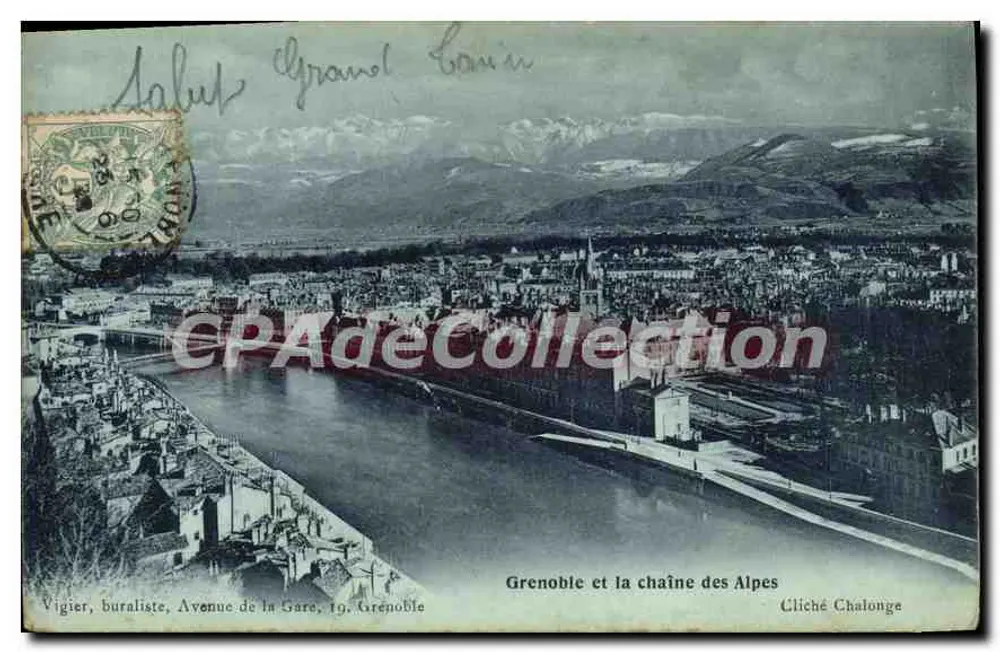 Grenoble und die Alpenkette — Cliché Chalonge — Vigier, Papierhändler, Avenue de la Gare, 19, Grenoble - Vorderseite