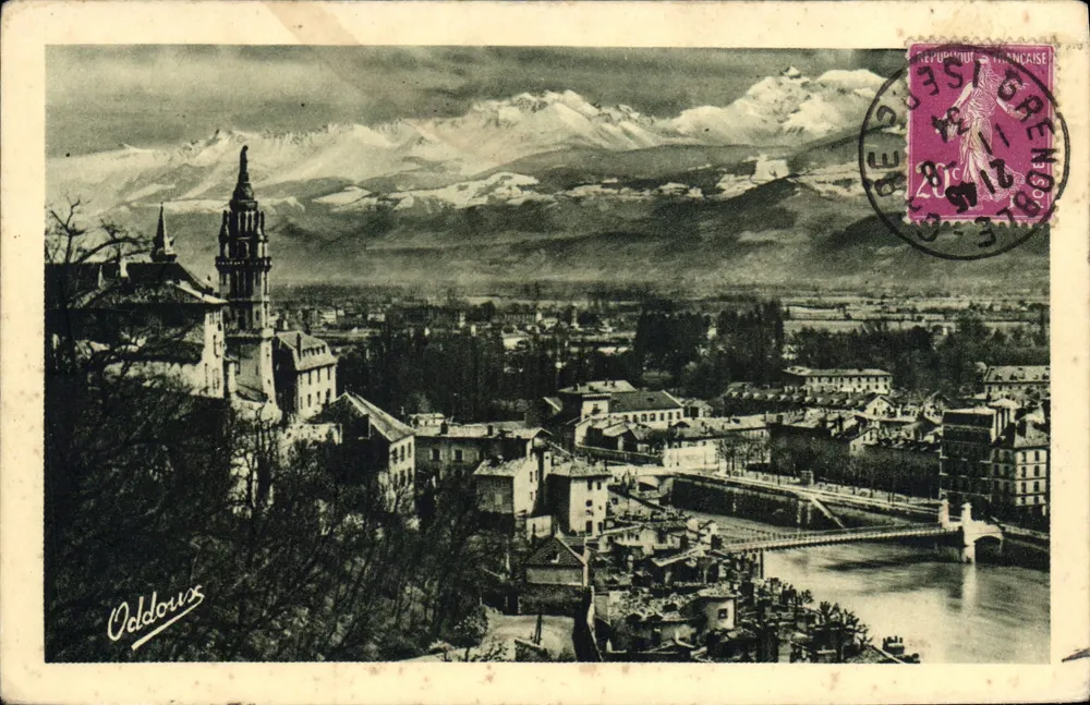 Oddoux — Panoramablick mit schneebedeckten Bergen — Verleger G. Oddoux, Grenoble - Vorderseite