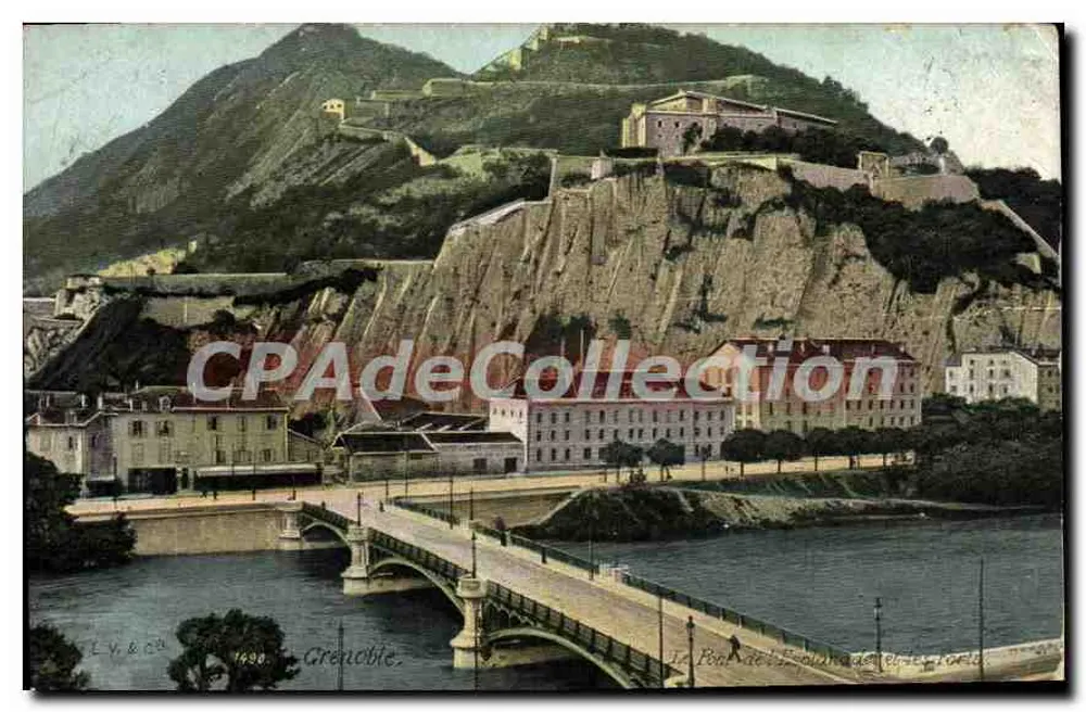 O Ponte de Grenoble — vista do ponte e do castelo na colina — editor LYÈS & Cie, n° 1490 - Frente