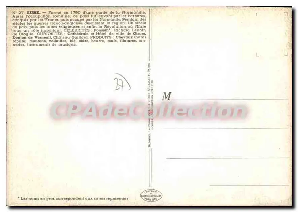 Eure — Carta postal ilustrada com mapa, editor P. Pinchon, n°27 - Verso