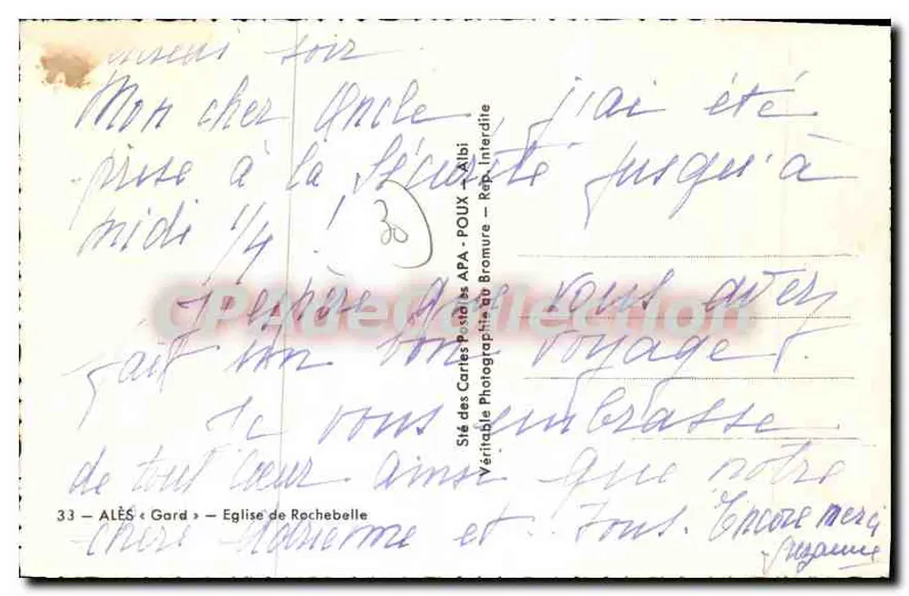 Igreja de Rochebelle — Alès, Gard — editor A.P.A. n°33 - Verso