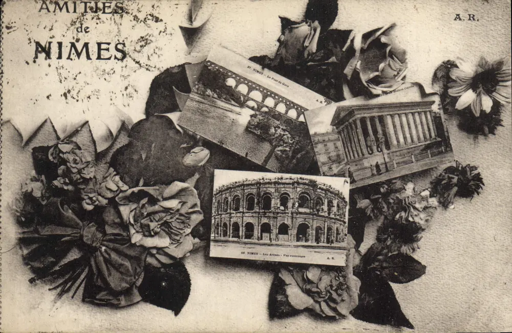 Nîmes — Amizades de Nîmes — colagem de monumentos com decoração floral - Frente