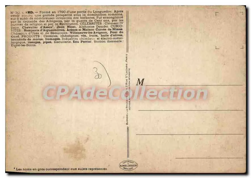 Gard — Historische und touristische Ansichtskarte — Verlag: Blin & Cie, Paris, Nr. 30 - Rückseite