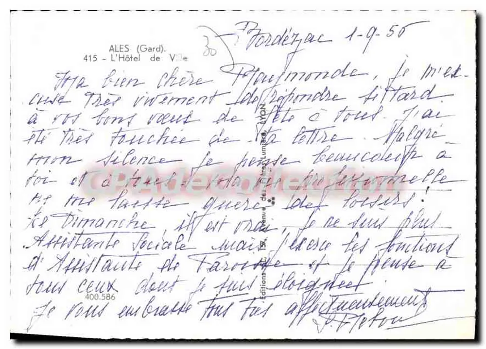Ales (Gard) — O Hotel de Ville — edições dos irmãos Lumbard, n° 400.586 - Verso