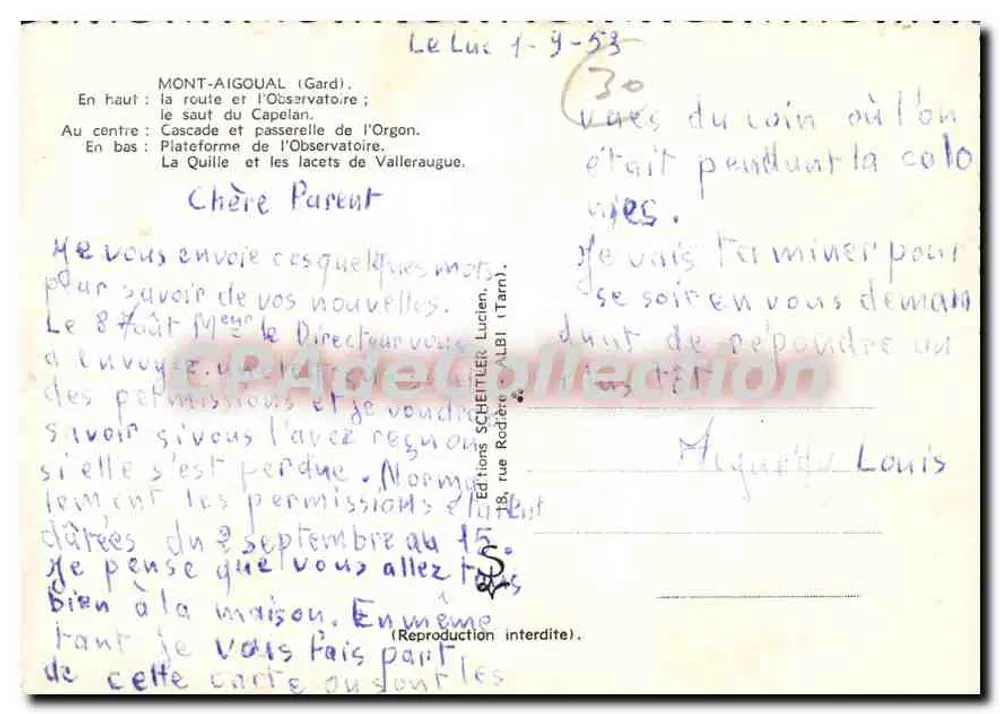 Mont-Aigoual — Lembrete do Mont-Aigoual — Edições Schreitler, n°30 - Verso