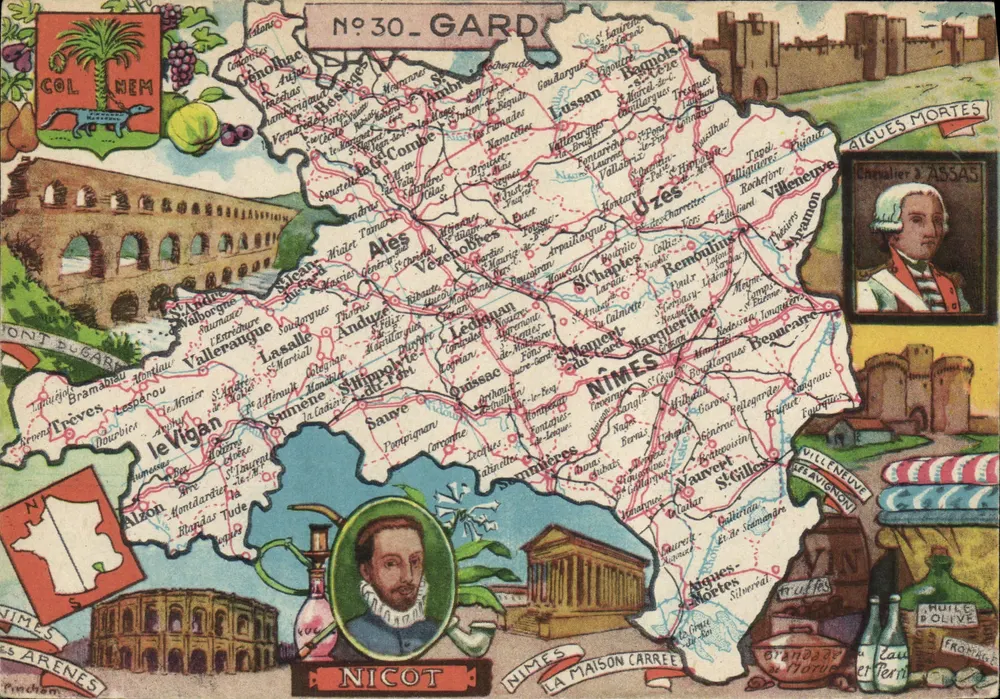 Gard — Carta postal ilustrada com mapa do departamento e atrações turísticas — Editor: Richard-Léonard & Cie, Paris, n°30 - Frente