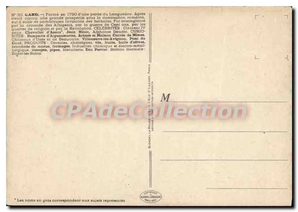 Gard — Carta postal ilustrada com mapa do departamento e atrações turísticas — Editor: Richard-Léonard & Cie, Paris, n°30 - Verso