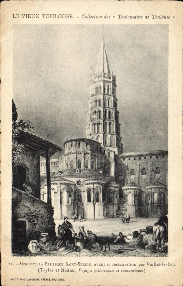 Abside da Basílica de São Sernim, antes da sua restauração por Viollet-le-Duc — Coleção das «Toulousains de Toulouse» — Fototipo Labouche Frères, Toulouse - Frente