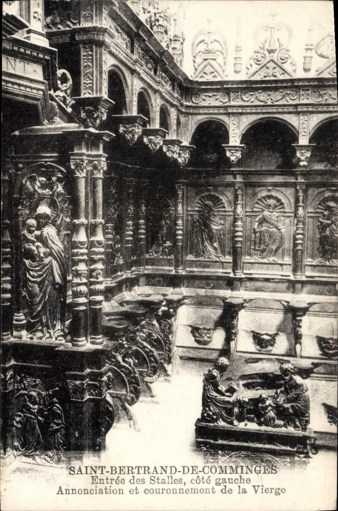 Saint-Bertrand-de-Comminges — Entrada das bancadas, lado esquerdo: Anunciação e coroação da Virgem - Frente