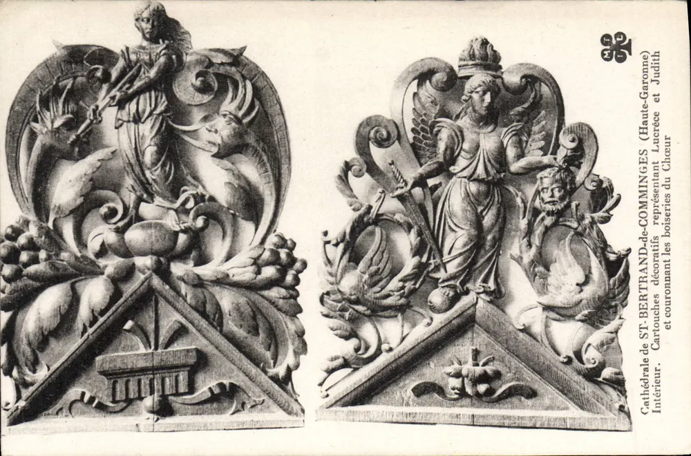 Catedral de Saint-Bertrand-de-Comminges — Cartuchos decorativos representando Lúcrcea e Judite — Interior - Frente