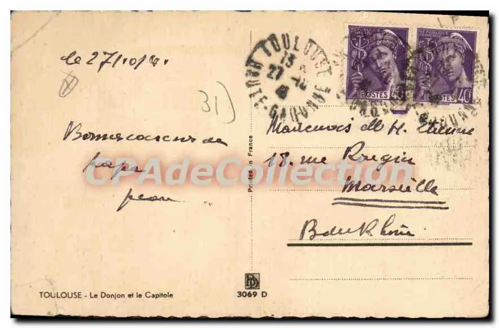 Toulouse - O Donjon e o Capitole — editor Darasy, n° de série 3069 D - Verso