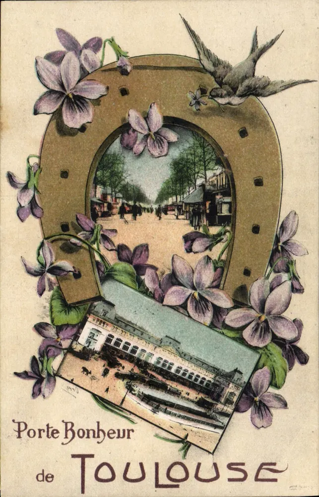 Porta da Felicidade de Toulouse — decoração de violetas e equipamento de cavalo, vista de rua e estação - Frente