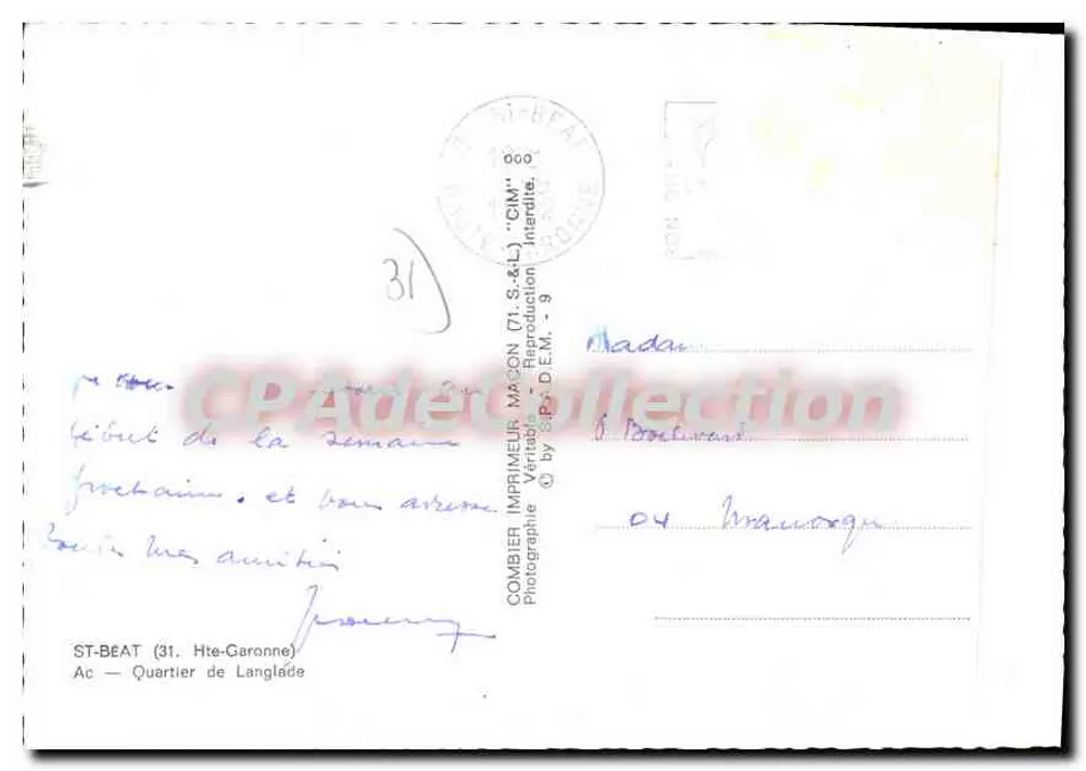 St-Beat (31) - Bairro de Langlade — Combiér Imprimeur Maçon, editor 'CIM' - Verso
