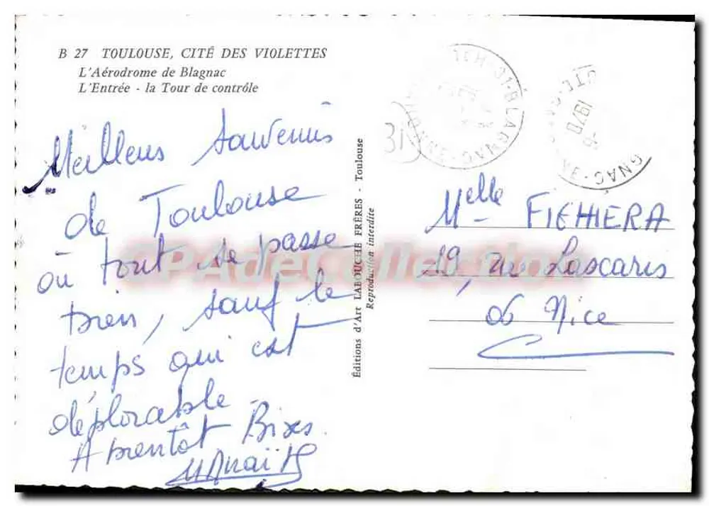 Toulouse, Cité des Violettes — Flughafen Blagnac, Eingang — Kontrollturm — Éditions d'Art L'ABOUCHE FRÈRES - Rückseite