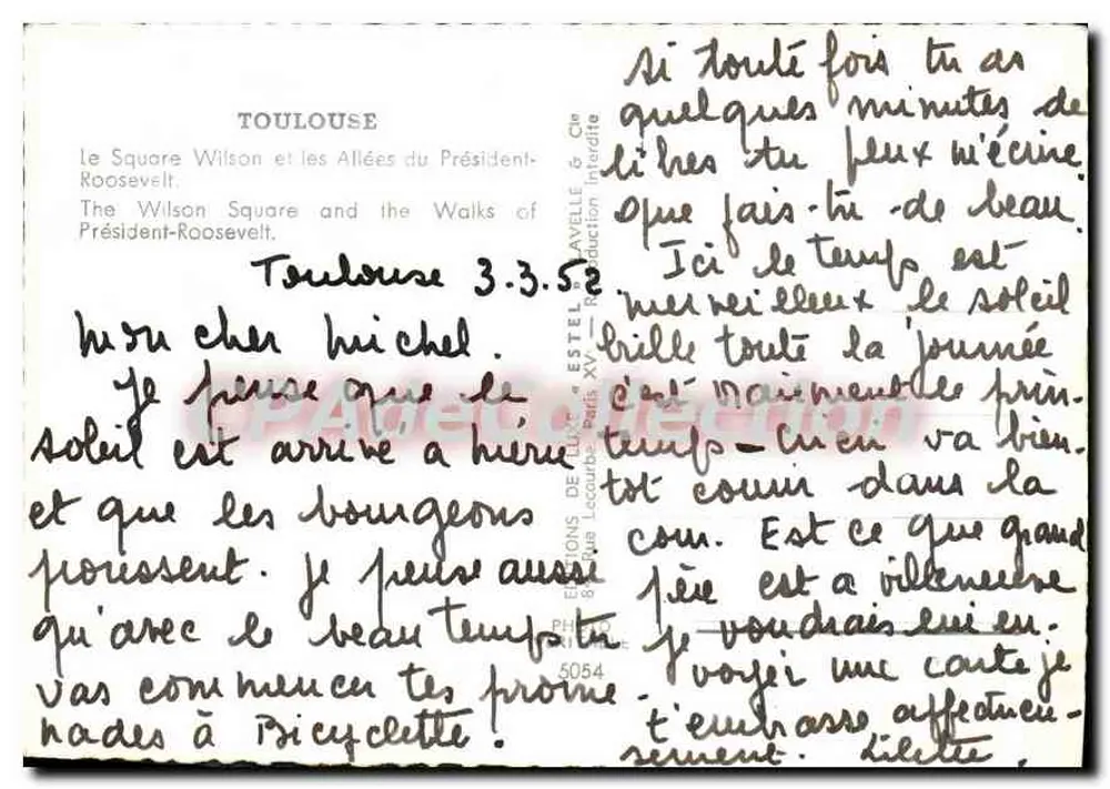 Square Wilson und Roosevelt-Avenue — Toulouse — Verlag Etel - Rückseite