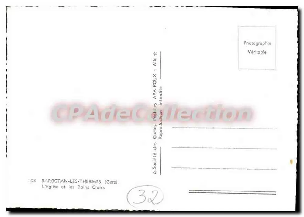 Barbotan-les-Thermes (Gers) — Die Kirche und die Klarbäder — Société des Cartes Postales APA-POUX - Albi, n°103 - Rückseite
