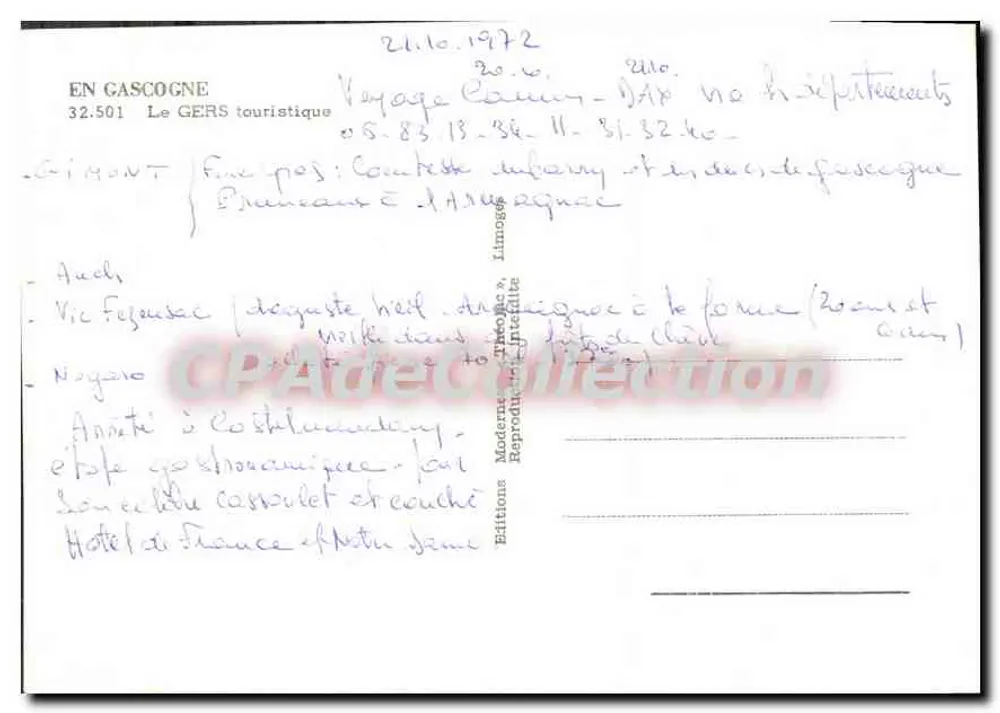 Gers — Carta turística — Edições Modernas Théophile em Limoges - Verso