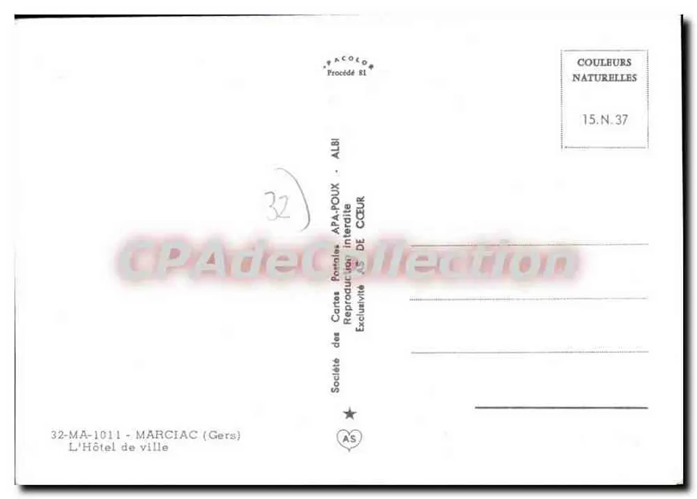 नगर पालिका भवन — मार्सियाक (जर्स) — सोसाइटे डेस कार्टे पोस्टले एपा-पॉऊ, अल्बी - पीछे