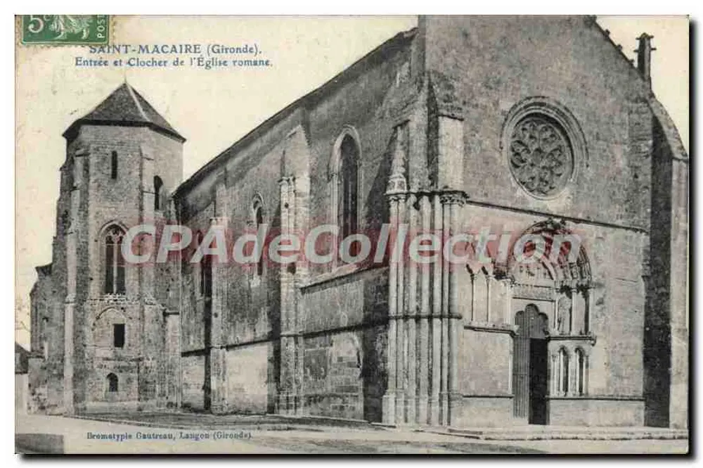 Saint-Macaire (Gironde) — Eingang und Turm der romanischen Kirche — Bromotype Gautreau, Laugon (Gironde) - Vorderseite