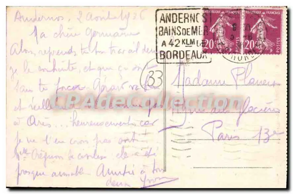 ANDERNOS-LES-BAINS (Gironde) — A Praia do Lado Oeste — No fundo, os Quinconces — Editor Cim - Verso