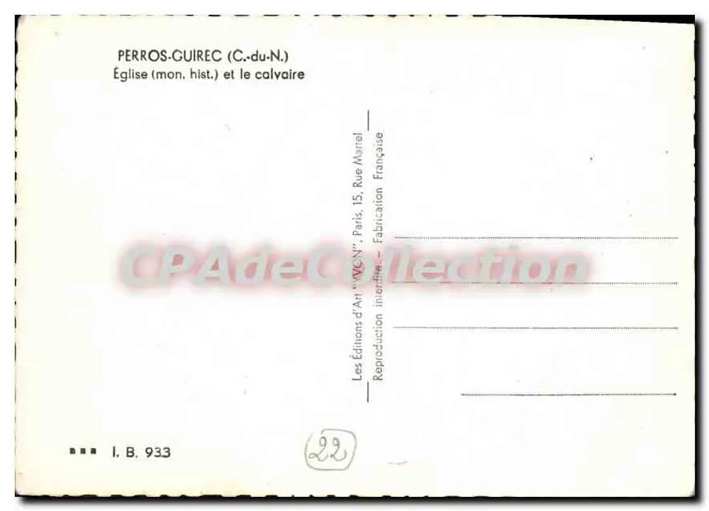 Perros-Guirec (C.-du-N.) — Igreja (mon. hist.) e o calvário — Edições d'Art "W.C.N.", Paris - Verso