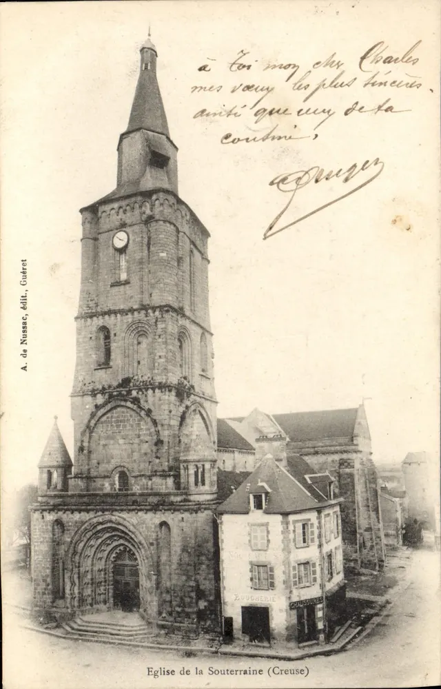 Igreja de La Souterraine (Creuse) — vista da torre com relógio — A. de Nussac, edição Guéret - Frente