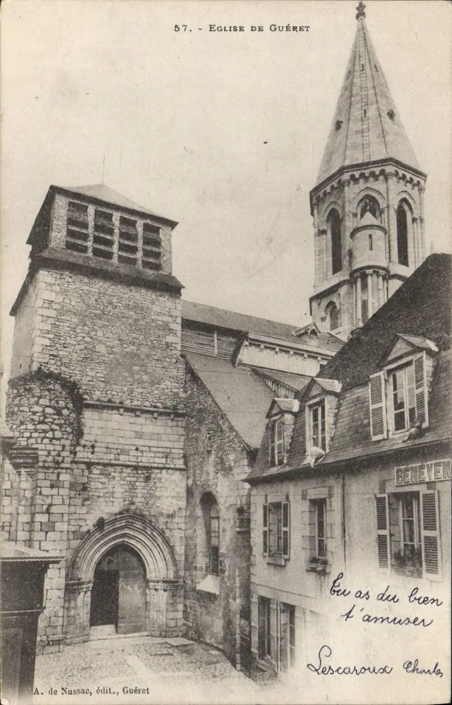 Igreja de Guéret — vista da fachada e da torre — A. de Nussac, editor, Guéret, n°57 - Frente