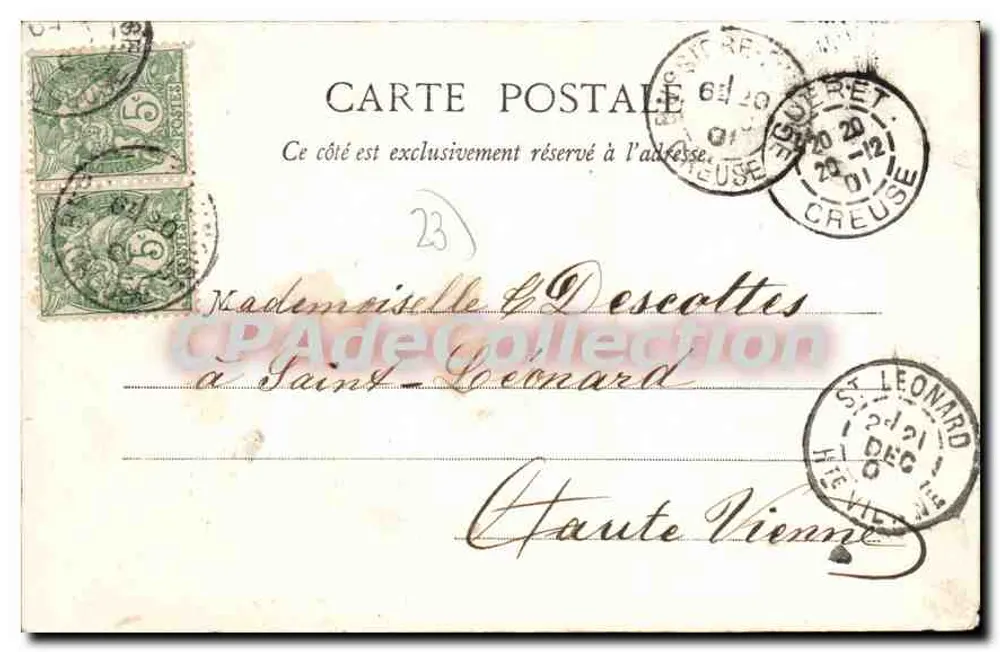 bourganeuf (Creuse)의 Dupuy 성당 — 출판사 A. de Nusse, Gudet — 1901년 12월 20일 - 뒷면