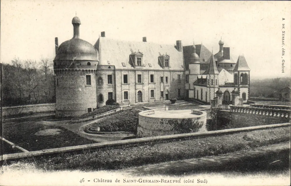 Zamek Saint-Germain-Beaupré (strona południowa) — widok zamku z wieżą okrągłą i ogródkiem — wydawca A. de Nussac, Grudéac - Awers