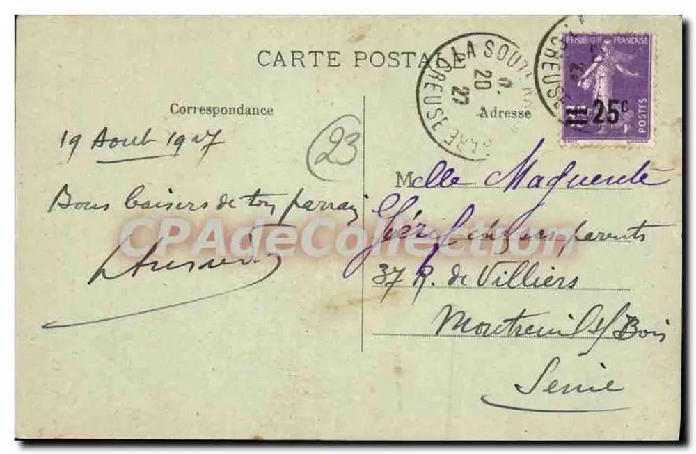 Die Kleine Strickerei — La Jeannille macht ihre ersten Versuche vor Pierre, der erstaunt ist — Sammlung G. G. Châteauroux, n°12 - Rückseite