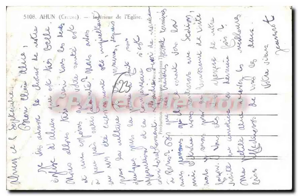 Ahun (Créuse) — Interior da Igreja — Bilhete postal antigo n°5108 - Verso