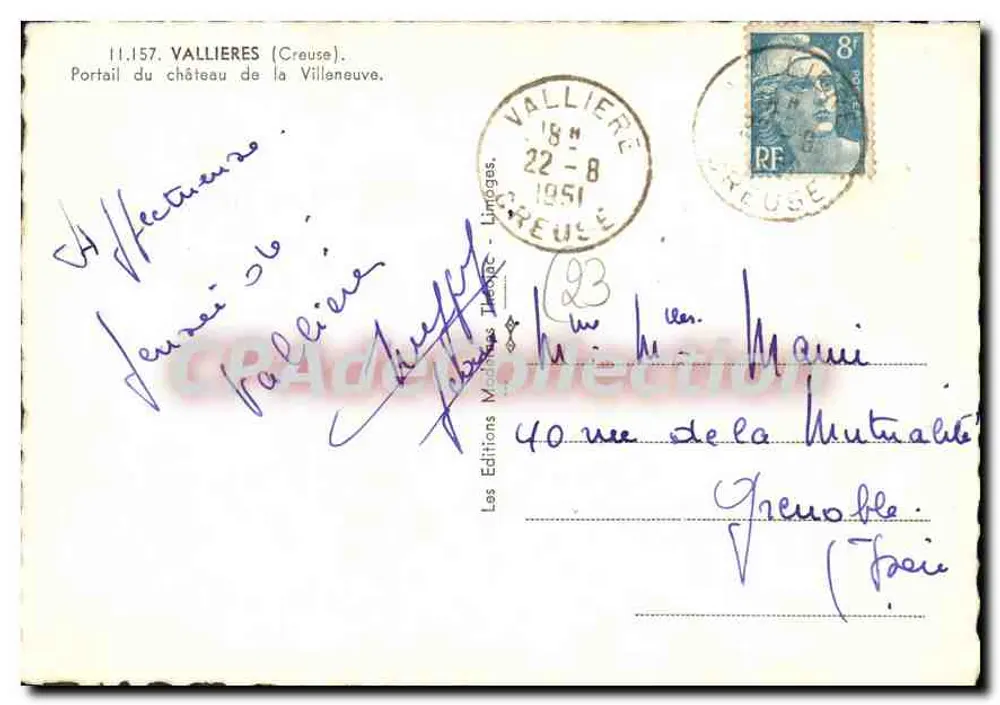 Portal do castelo de la Villeneuve — Vallières (Creuse) — Les Éditions Modernes Théopac - Limoges, n°11.157 - Verso