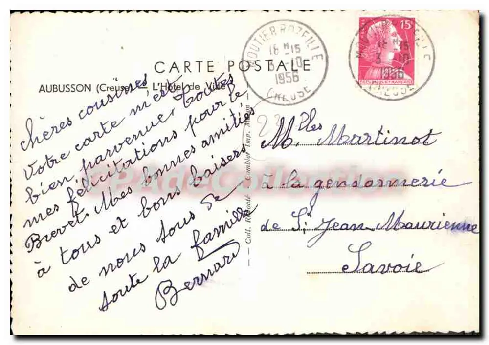 Hôtel de Ville — Aubusson (Creuse) — Col. Roubati, Cambier Imp. 1956 - Verso