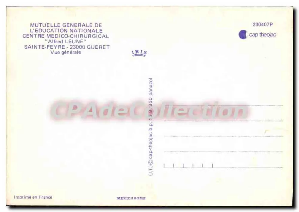Centre Médico-Chirurgical "Alfred Leune" — Sainte-Feyre — Verleger IRIS, Seriennummer 230407P - Rückseite
