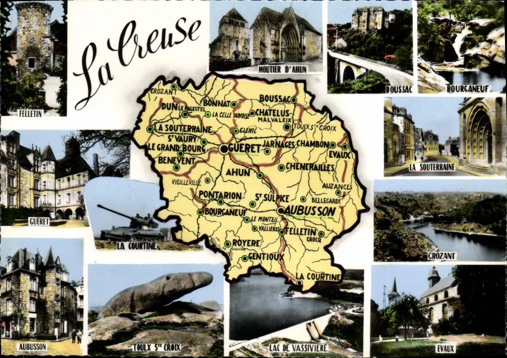 A Creuse — Carta postal panorâmica com mapa e locais — Combier Imp. Macon - Frente