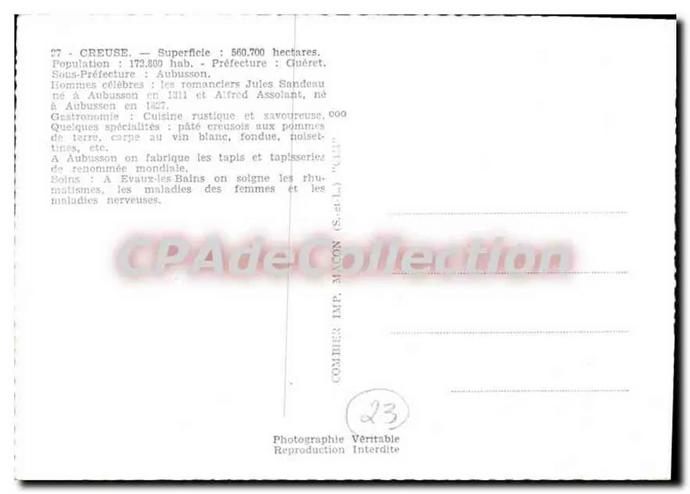 A Creuse — Carta postal panorâmica com mapa e locais — Combier Imp. Macon - Verso