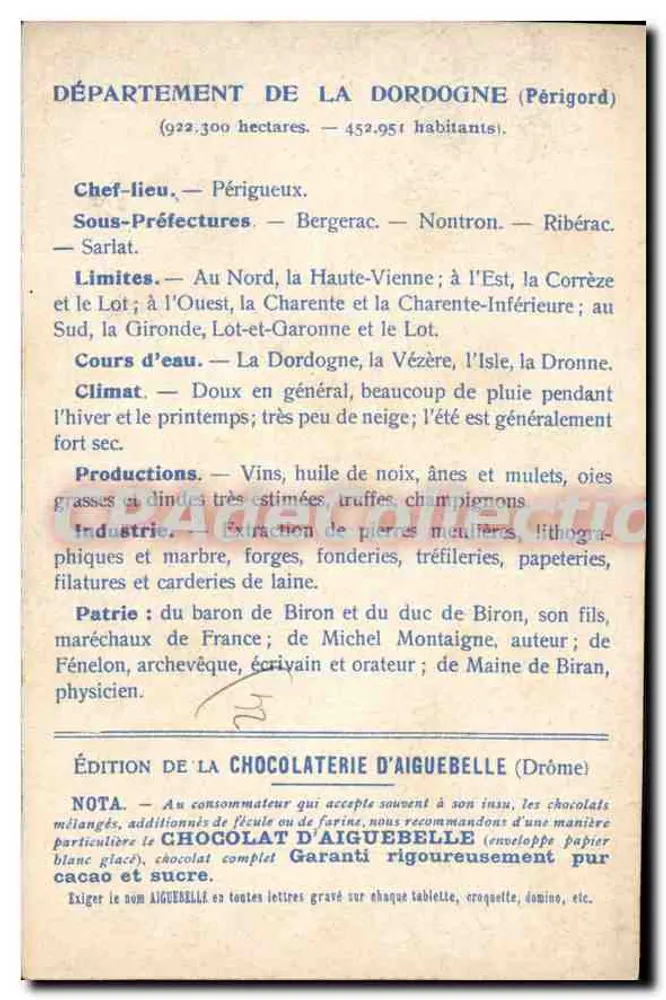 Die Departemente: DORDOGNE — Ausgabe der CHOCOLATERIE D'AIGUEBELLE - Rückseite
