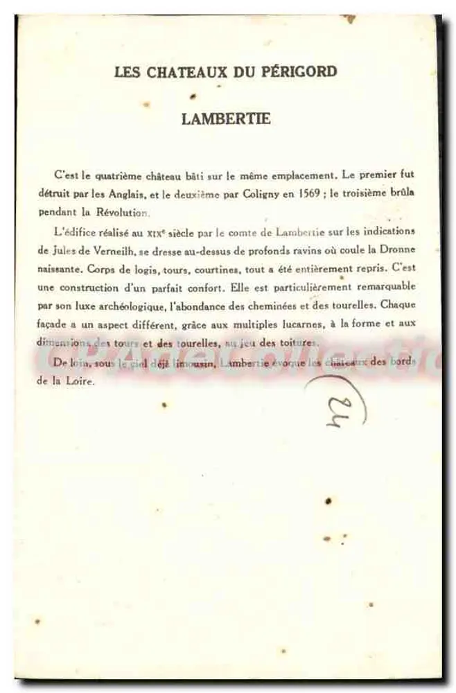 Os Castelos do Périgord — Castelo de Lambertie — Coleção da Solution Pauvaberte, 9ª Série - Verso