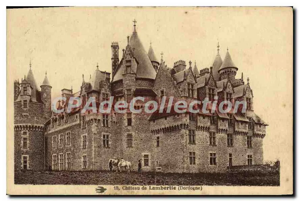 Castelo de Lambertie (Dordogne) — vista do castelo com dois cavaleiros — CPAdeCollection, n°18 - Frente