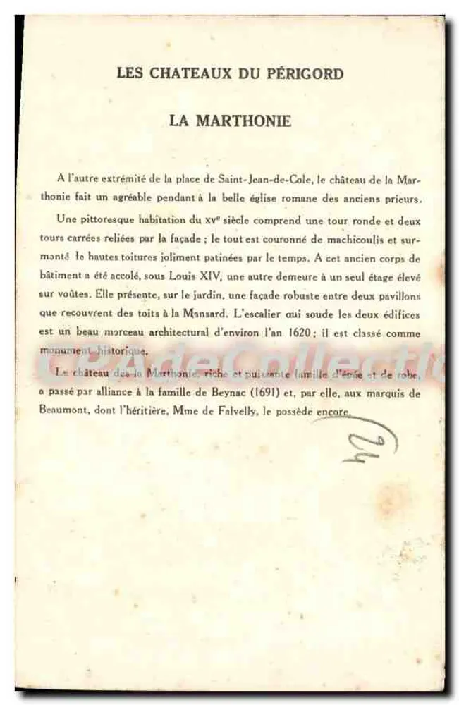 Castillo de La Marthonie — Los Castillos del Périgord — Serie 9, edición Pauaubert - Reverso