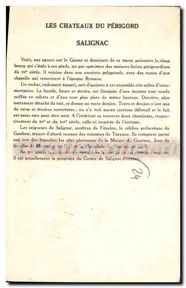 Castelo de Salignac — Os Castelos do Périgord — 10ª Série, Coleção da Solution Pauauberge - Verso